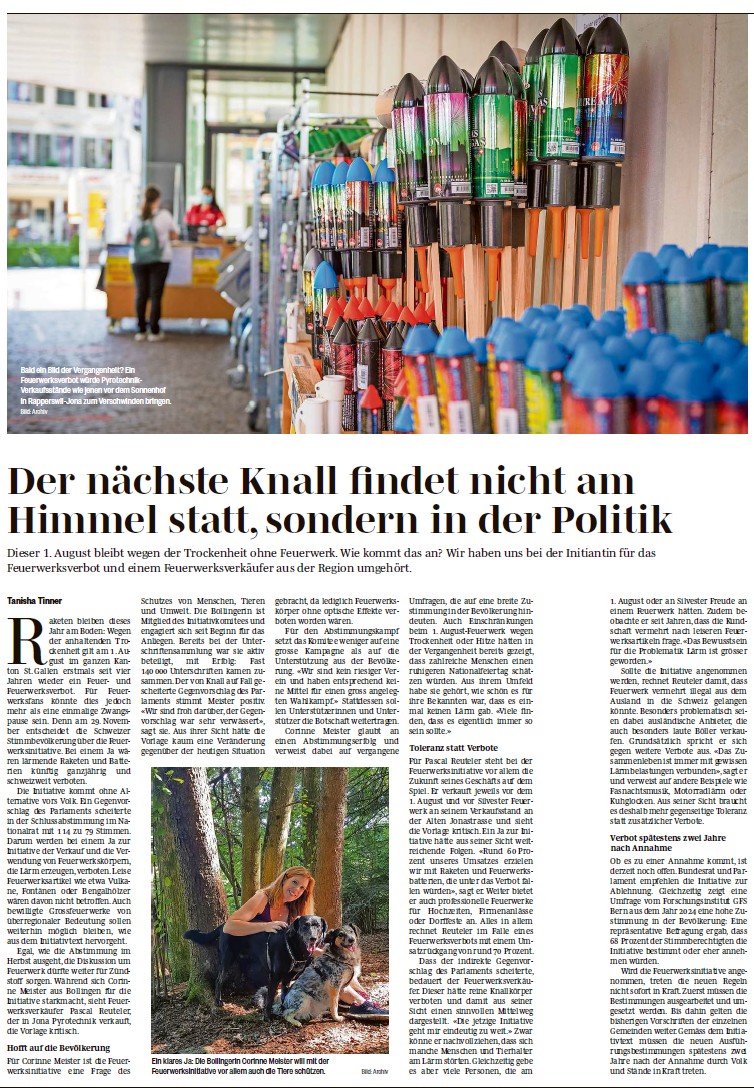 Ein klares Ja: Die Bollingerin Corinne Meister will mit der Feuerwerksinitiative vor allem auch die Tiere schützen.